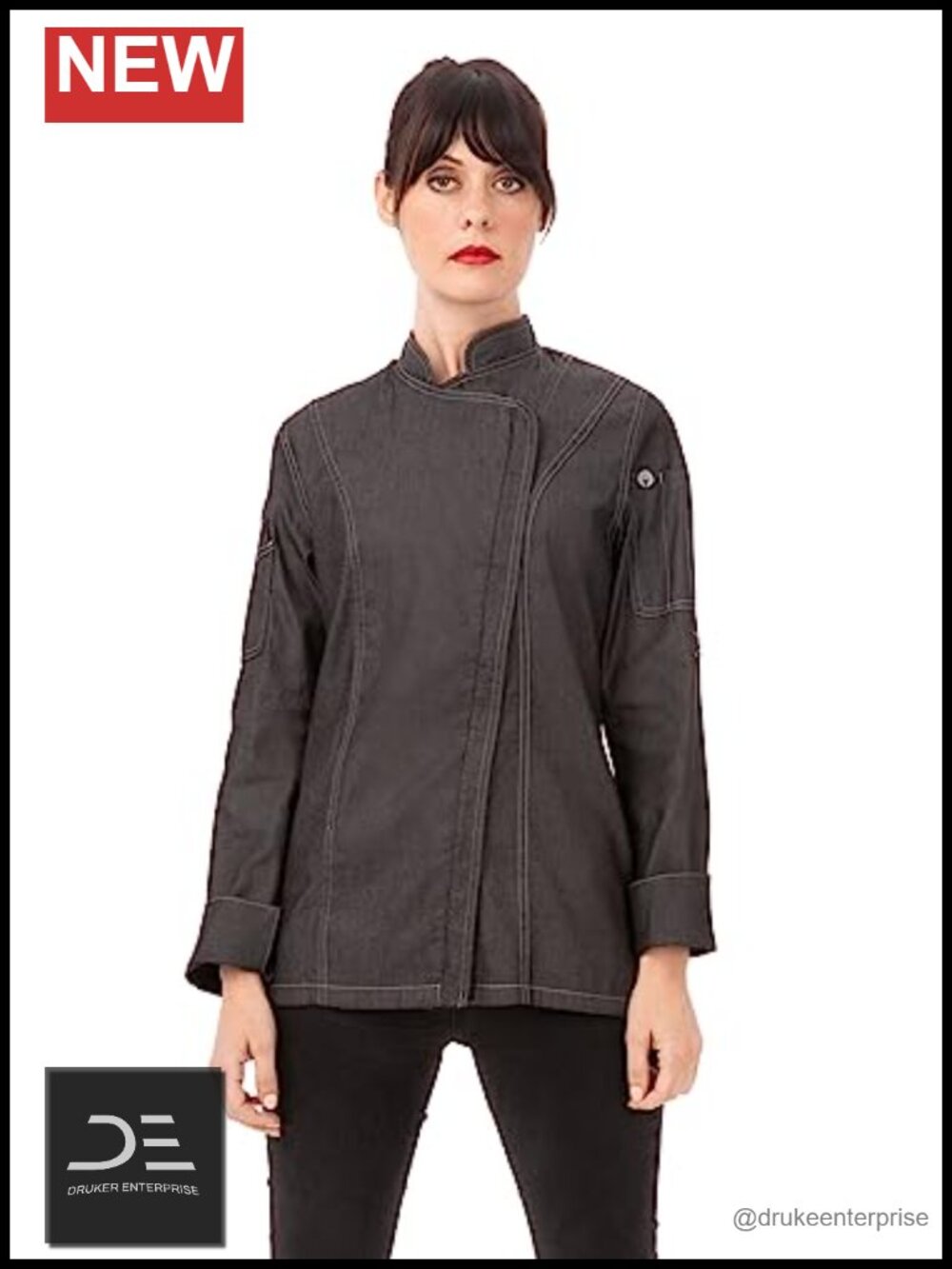 Women's Denim Chef Coat Long Sleeve 100% Cotton Zip Front Uniform